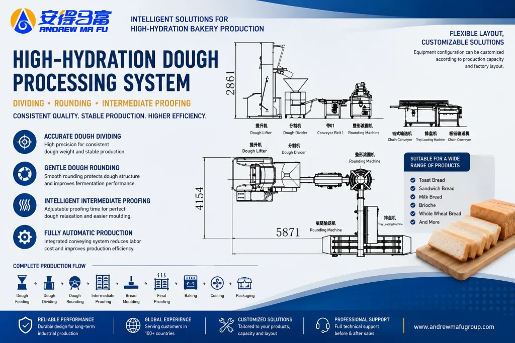 Andrew Mafu Machinery High-Hydration Dough Dividing, Rounding and Intermediate Proofing System